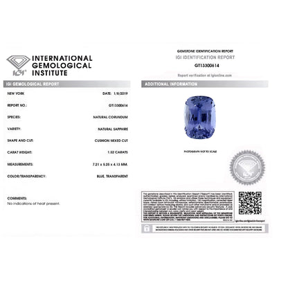 1.52 ct Cushion Blue Sapphire IGI Certified Unheated Gemstone Astrology Stone Gift For Anyone