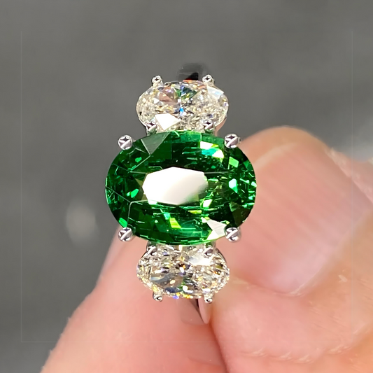 Spectacular IGI 3.7 Ctw Vivid Green Tsavorite Garnet & G VS Diamond 18K White Gold Ring Oval Three Stone Natural Statement Engagement Ring