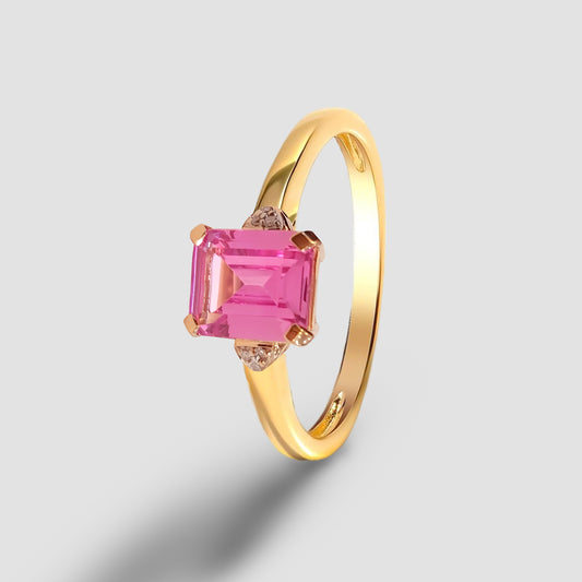 14k Yellow Gold Ring Natural Pink Sapphire & Diamond Engagement Ring For Love