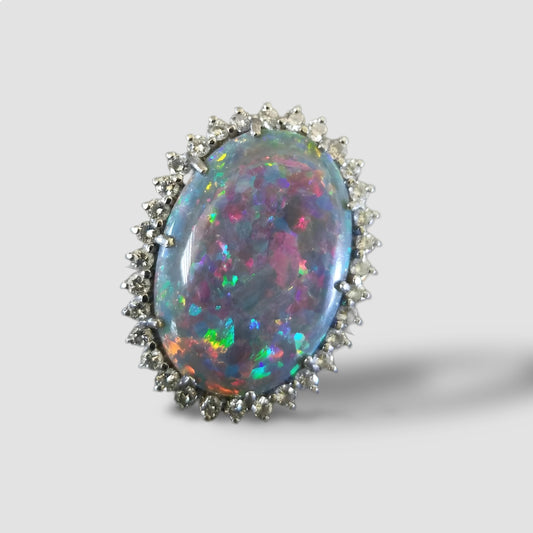 22k White Gold Floral Harlequin Boulder Opal and Diamond Ring. Stunning Ring Engagement Ring Gift For Love