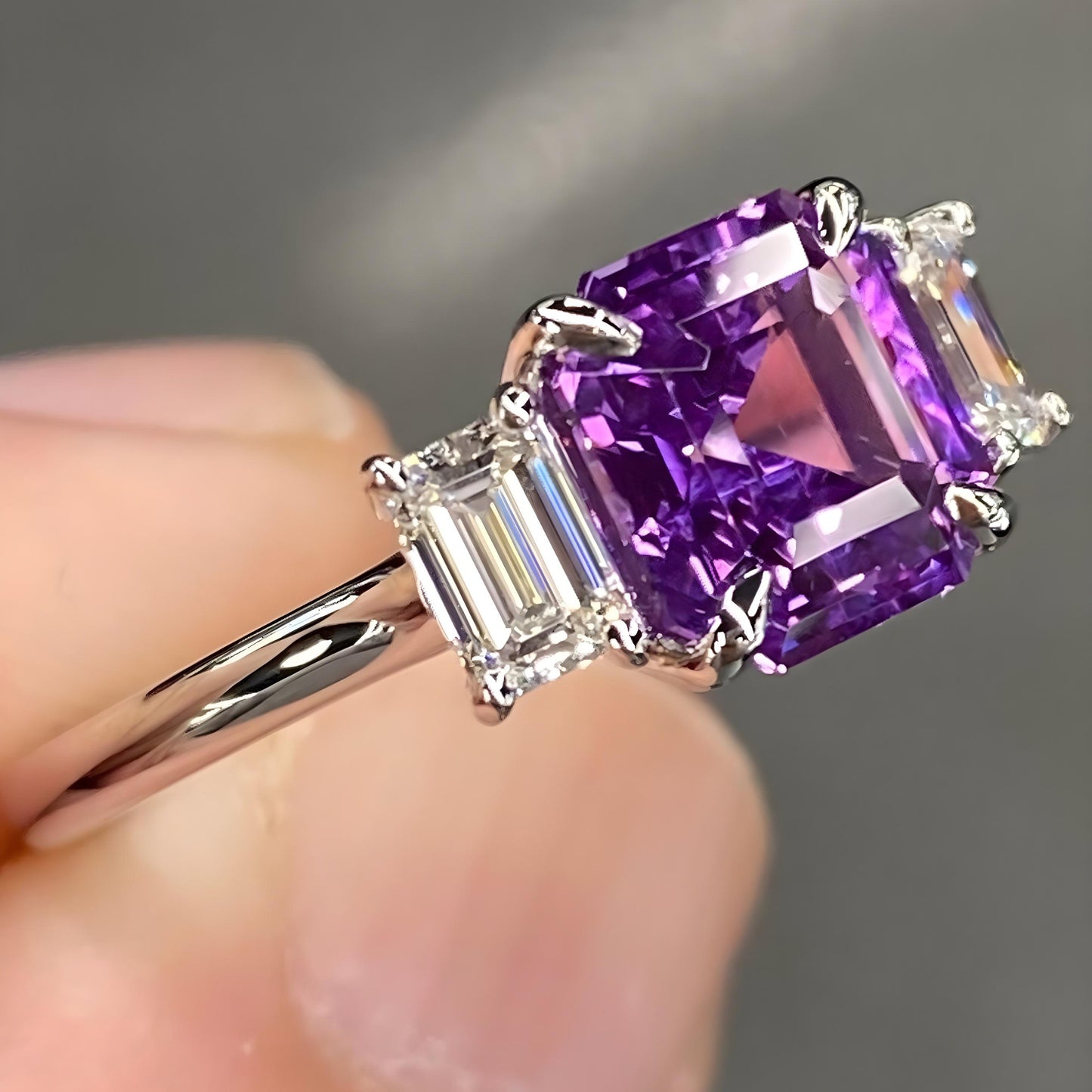 Exceptional IGI Unheated 3.5 Ctw Vivid Purple Sapphire & VVS Diamond 18k White Gold Ring Asscher Cut