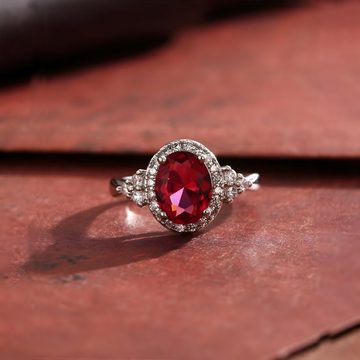 18k White Gold Oval Cut Ruby Ring with Halo, Art Deco Ring for Woman, Anniversary Gift, Birthday Gift, Valentine's Day Gift