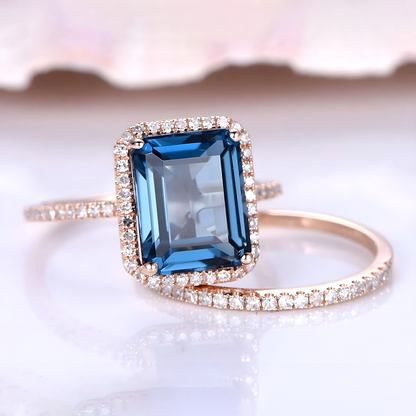 Topaz ring set London blue topaz engagement ring half eternity diamond wedding band 8x10mm emerald cut gemstone solid 14k rose