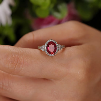 18k White Gold Oval Cut Ruby Ring with Halo, Art Deco Ring for Woman, Anniversary Gift, Birthday Gift, Valentine's Day Gift