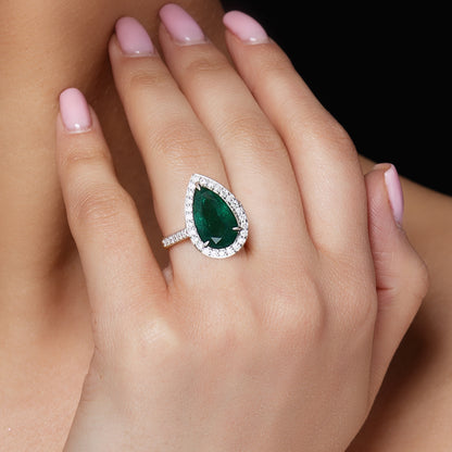 Natural Certified Emerald and Diamonds Princess Diana Ring 18K White Gold Engagement Ring, Unique Gold Ring For Love