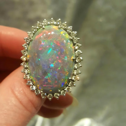 22k White Gold Floral Harlequin Boulder Opal and Diamond Ring. Stunning Ring Engagement Ring Gift For Love