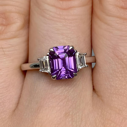 Exceptional IGI Unheated 3.5 Ctw Vivid Purple Sapphire & VVS Diamond 18k White Gold Ring Asscher Cut