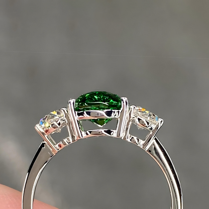 Spectacular 3 Ctw Vivid Green Tsavorite Garnet & Moissanite 18K White Gold Ring Oval Three Stone Natural Statement Engagement Ring