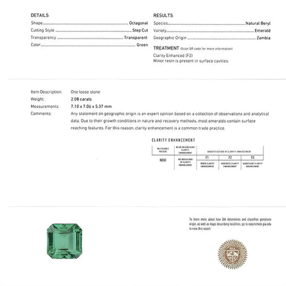 2.08ct Square/Octagonal Green Emerald IGI Certified Zambia Anniversary Astrology Gift For Love