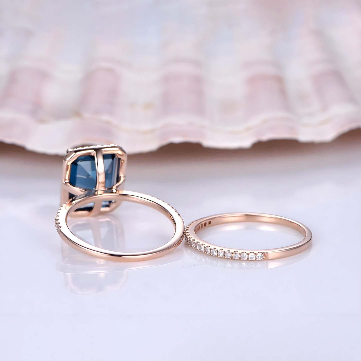 Topaz ring set London blue topaz engagement ring half eternity diamond wedding band 8x10mm emerald cut gemstone solid 14k rose