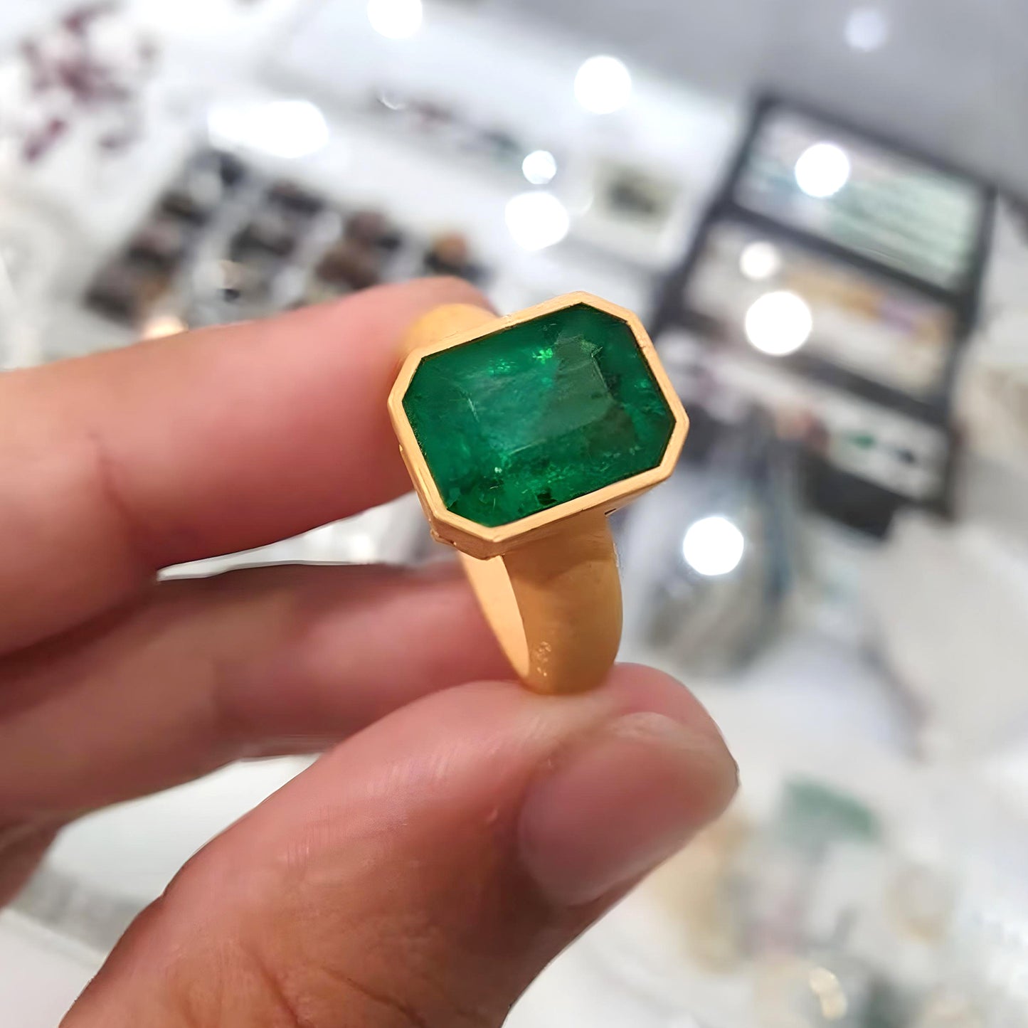 22k Solid Gold Emerald stone ring, Heavy Men's Emerald band Natural Emerald Gemstone Ring For Gift