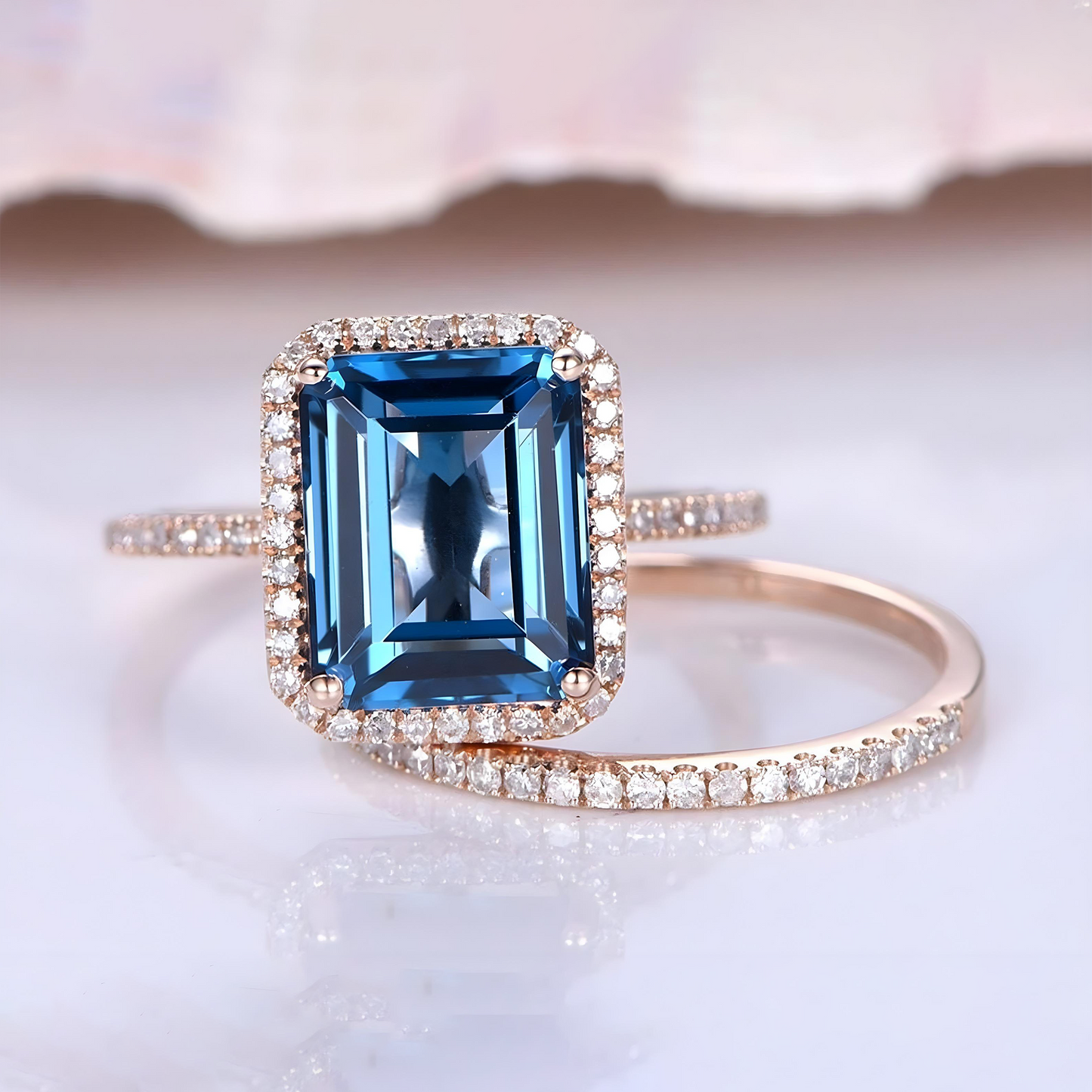 Topaz ring set London blue topaz engagement ring half eternity diamond wedding band 8x10mm emerald cut gemstone solid 14k rose