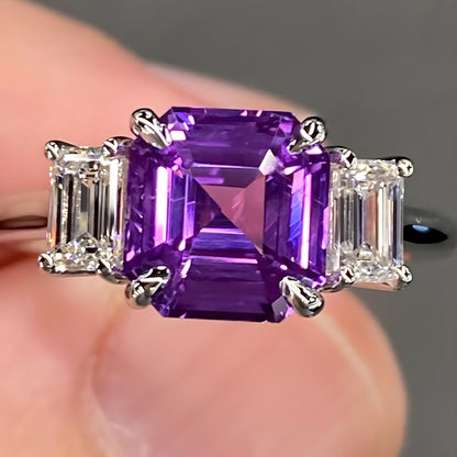 Exceptional IGI Unheated 3.5 Ctw Vivid Purple Sapphire & VVS Diamond 18k White Gold Ring Asscher Cut