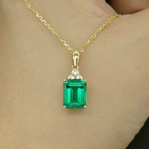 Natural Emerald Solitaire Pendant  Gold Plated 925 Sterling Silver Jewelry Diwali  Anniversary Gift Birthday Valentine Gift for Women/Girls