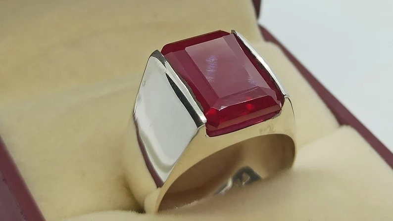 Big Deep Red Ruby Men's Ring Sterling Silver 925 Big Red Yaqoot Handmade Ring