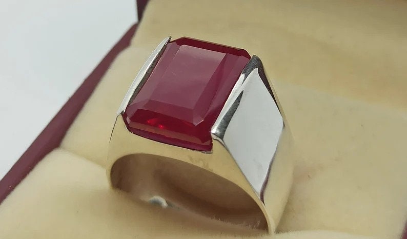 Big Deep Red Ruby Men's Ring Sterling Silver 925 Big Red Yaqoot Handmade Ring