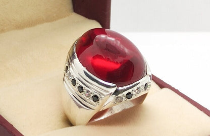 Deep Red Cabochon Ruby Mens Ring Sterling Silver 925 Handmade Deep Red Ruby Anari Yakoot Beautiful Red Roby Ring