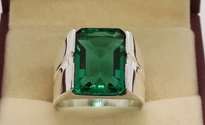 Rich Green Emerald Cut Mens Emerald Square Shape Ring Sterling Silver 925 Handmade Ring, Elegant Green Emerald Ring, 8.25 Carat Zamurd Ring