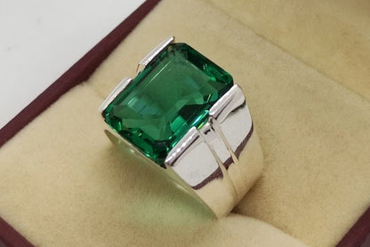 Rich Green Emerald Cut Mens Emerald Square Shape Ring Sterling Silver 925 Handmade Ring, Elegant Green Emerald Ring, 8.25 Carat Zamurd Ring