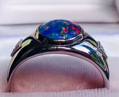 6.25 Carat Natural Certified Fire Red Blue Solid Australian Black Opal Men's ring 925 Sterling silver Signet Men's Ring Christmas Gift