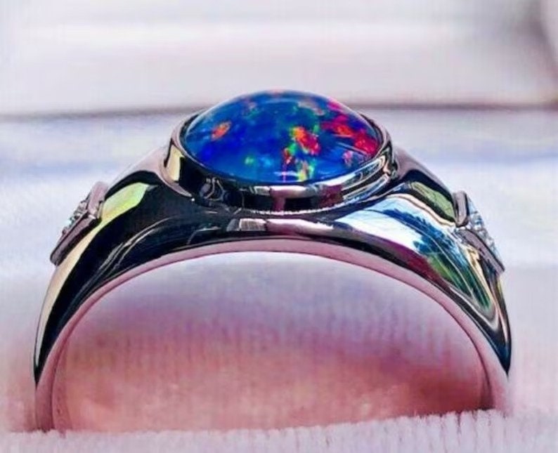 6.25 Carat Natural Certified Fire Red Blue Solid Australian Black Opal Men's ring 925 Sterling silver Signet Men's Ring Christmas Gift