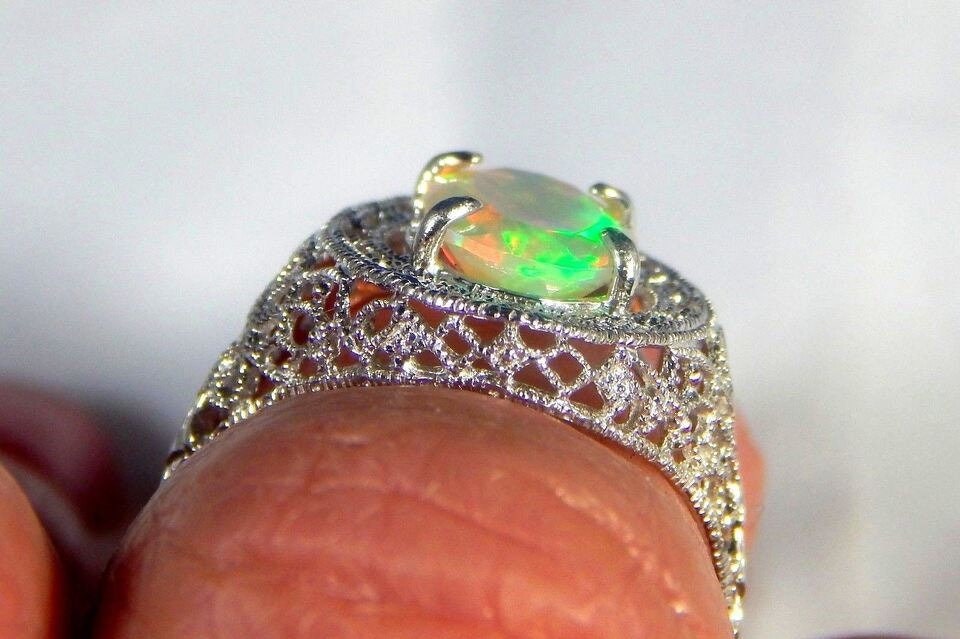 3.11ct Oval Faceted Ethiopian Opal Filigree Sterling Silver Ring Anniversary's Ring For Love