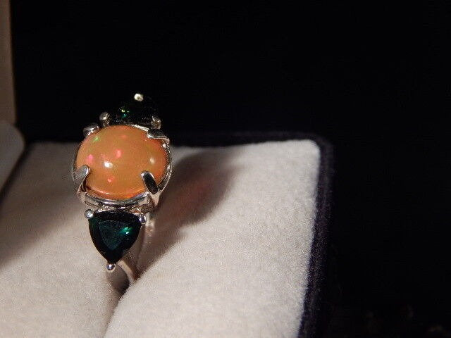 Natural  5.56 Ct. Oval Cabochon Opal & Trillion Tourmaline Three-stone Ring Sterling Silver Ring For Love