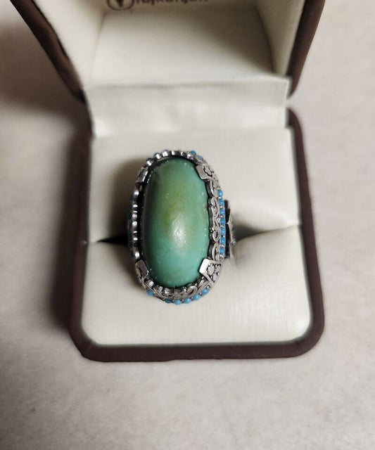 Natural Turquoise Hussaini Feroza Ring In Custom Made Sterling Silver Ring For Gift