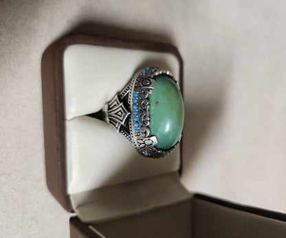 Natural Turquoise Hussaini Feroza Ring In Custom Made Sterling Silver Ring For Gift