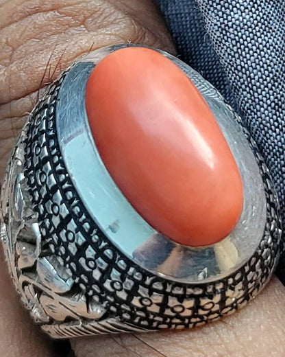 Natural italian Coral Gemstone Ring in handmade Sterling Silver 925 Ring For Men's