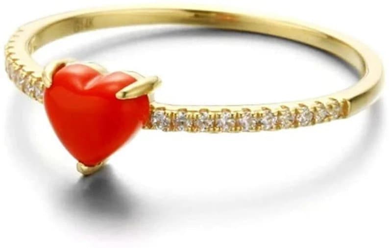 Natural Heart Coral 5 Carat Ring, Gold Plated Ring, Handmade Ring For Men And Woman, Christmas Gift