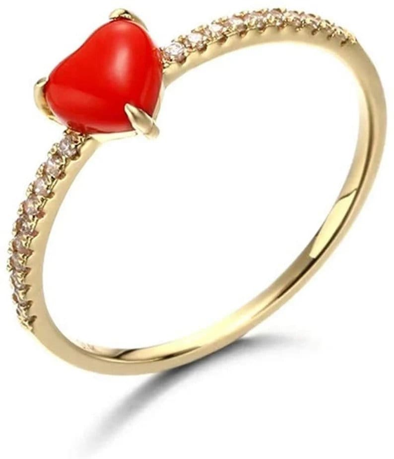 Natural Heart Coral 5 Carat Ring, Gold Plated Ring, Handmade Ring For Men And Woman, Christmas Gift