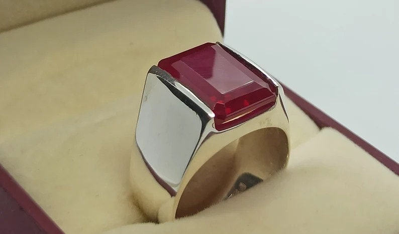 Big Deep Red Ruby Men's Ring Sterling Silver 925 Big Red Yaqoot Handmade Ring