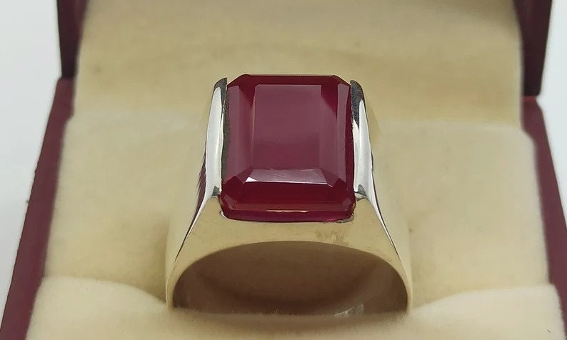 Big Deep Red Ruby Men's Ring Sterling Silver 925 Big Red Yaqoot Handmade Ring