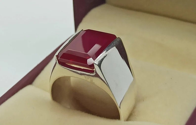 Big Deep Red Ruby Men's Ring Sterling Silver 925 Big Red Yaqoot Handmade Ring