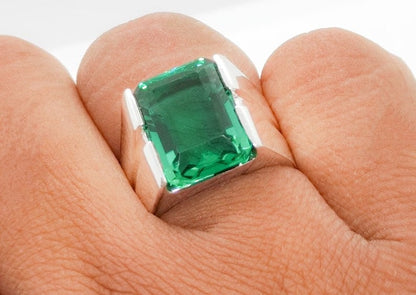 Rich Green Emerald Cut Mens Emerald Square Shape Ring Sterling Silver 925 Handmade Ring, Elegant Green Emerald Ring, 8.25 Carat Zamurd Ring