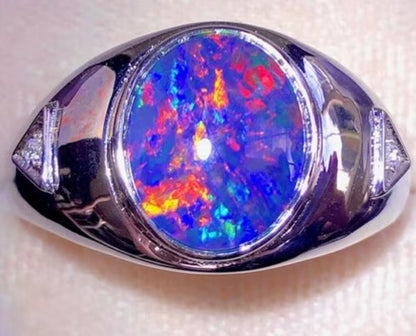 6.25 Carat Natural Certified Fire Red Blue Solid Australian Black Opal Men's ring 925 Sterling silver Signet Men's Ring Christmas Gift