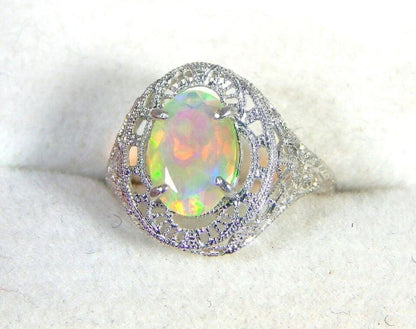 3.11ct Oval Faceted Ethiopian Opal Filigree Sterling Silver Ring Anniversary's Ring For Love