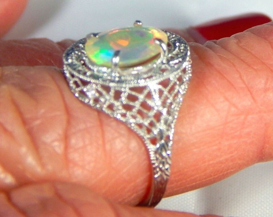 3.11ct Oval Faceted Ethiopian Opal Filigree Sterling Silver Ring Anniversary's Ring For Love