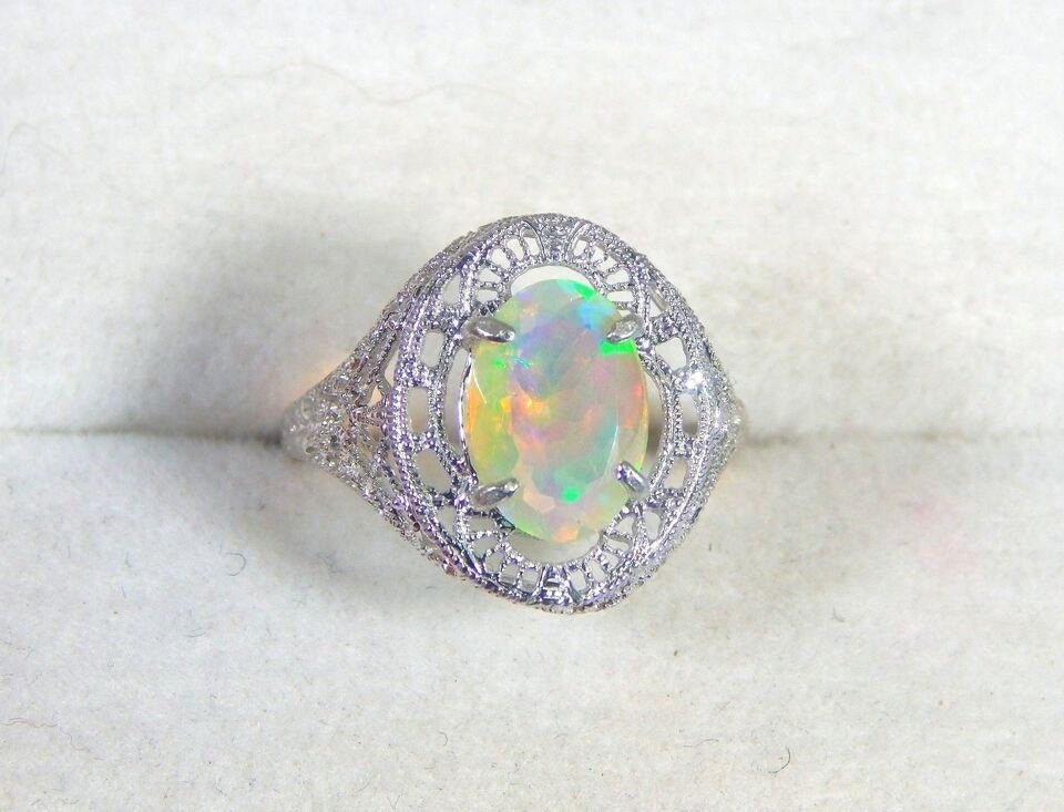 3.11ct Oval Faceted Ethiopian Opal Filigree Sterling Silver Ring Anniversary's Ring For Love