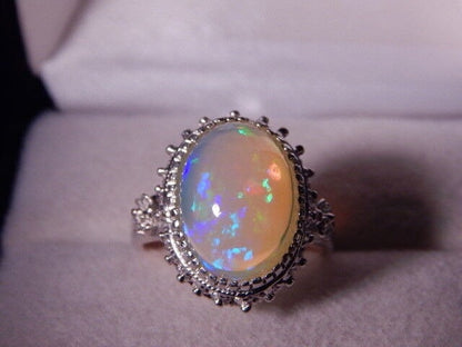 Natural  5.92 Ct. Oval Cabochon Opal Sterling Silver Ring October's Birthstone Ring For Love