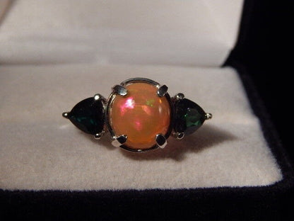 Natural  5.56 Ct. Oval Cabochon Opal & Trillion Tourmaline Three-stone Ring Sterling Silver Ring For Love