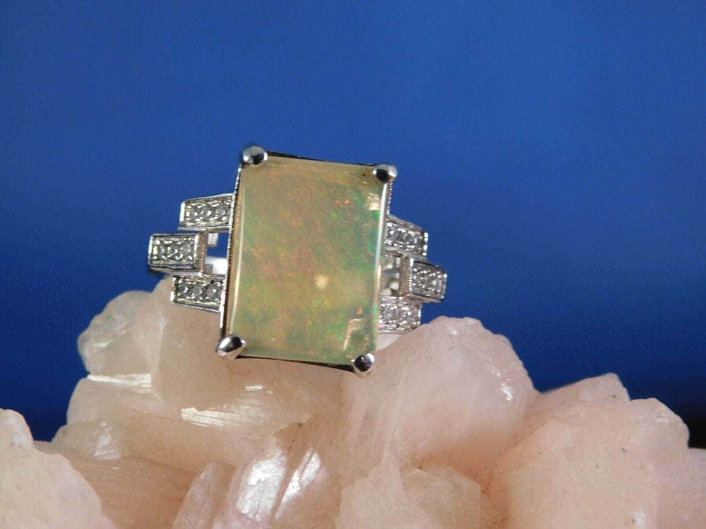 Natural 5.68 Ct. Rectangular Cabochon Ethiopian Opal & White Zircon Sterling Silver Ring