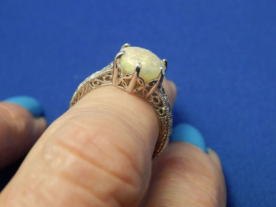 Natural 2.42ct 9mm Round Faceted Opal Sterling Silver Filigree Ring