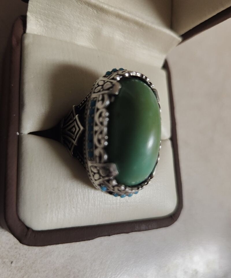 Natural Turquoise Hussaini Feroza Ring In Custom Made Sterling Silver Ring For Gift