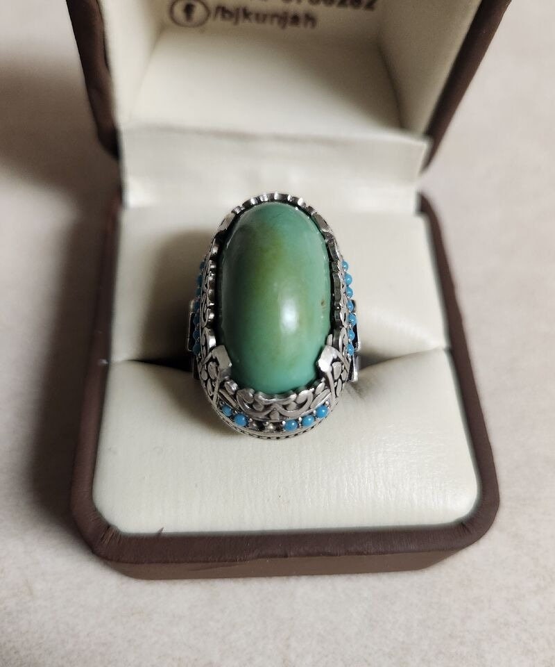 Natural Turquoise Hussaini Feroza Ring In Custom Made Sterling Silver Ring For Gift