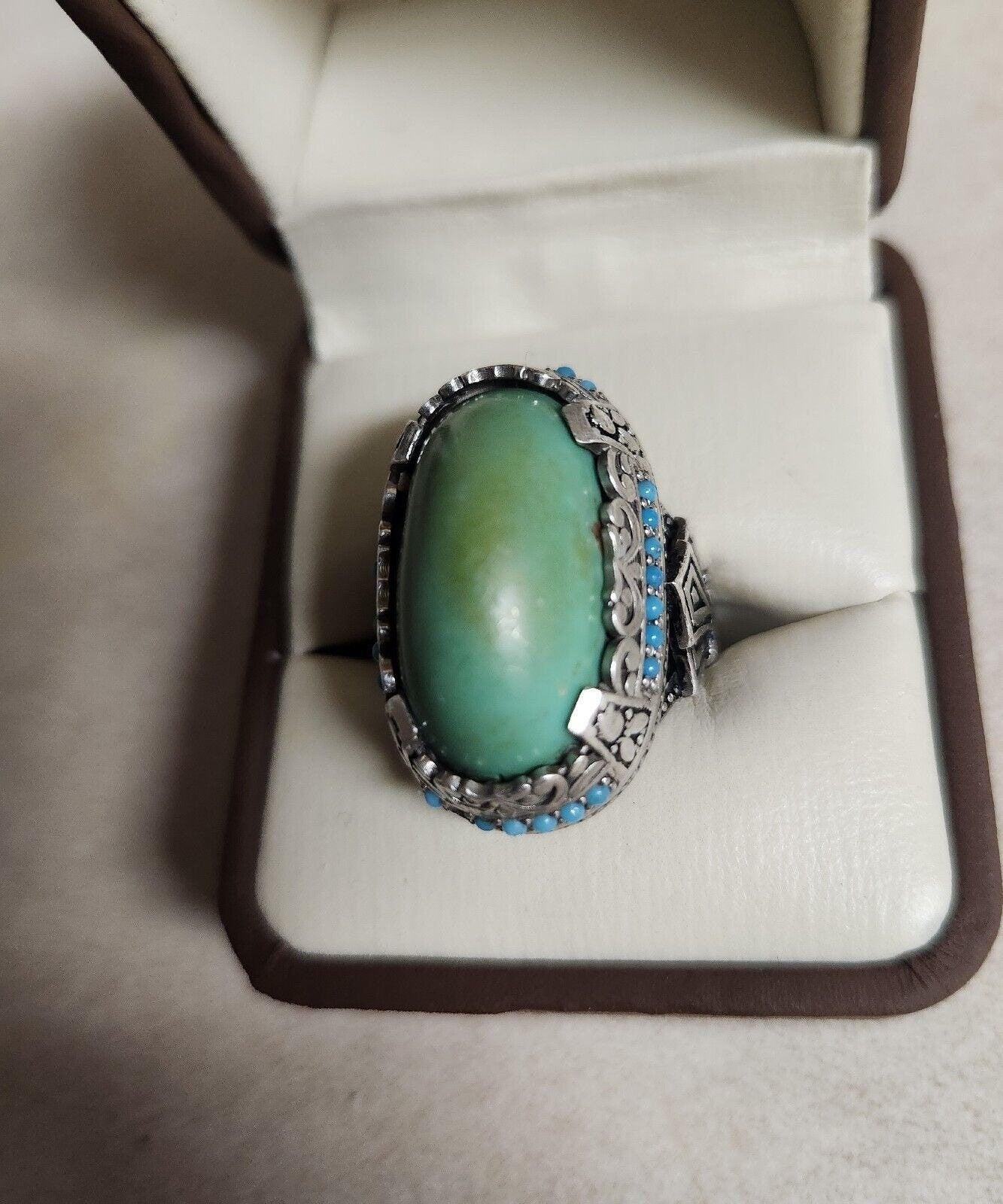 Natural Turquoise Hussaini Feroza Ring In Custom Made Sterling Silver Ring For Gift