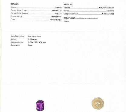 Purple Sapphire Gemstone Natural Loose IGI Certified Purple Sapphire 2.95 carat Gemstone