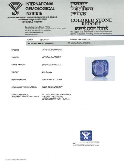 IGI Certified BURMA Blue Sapphire 8.23 Ct. Natural Unheated CLEAN Square Octagon Cut Anniversary Gift