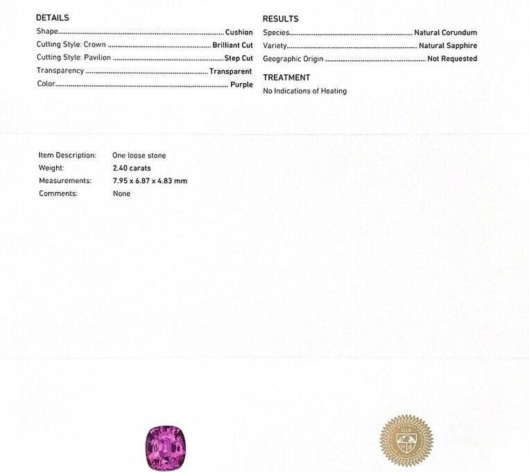 Purple Sapphire Gemstone Natural Loose IGI Certified Purple Sapphire 2.40 carat Gemstone